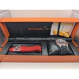Stührling Original Professional Diver 200M Watch Swiss Quartz Red Bezel New